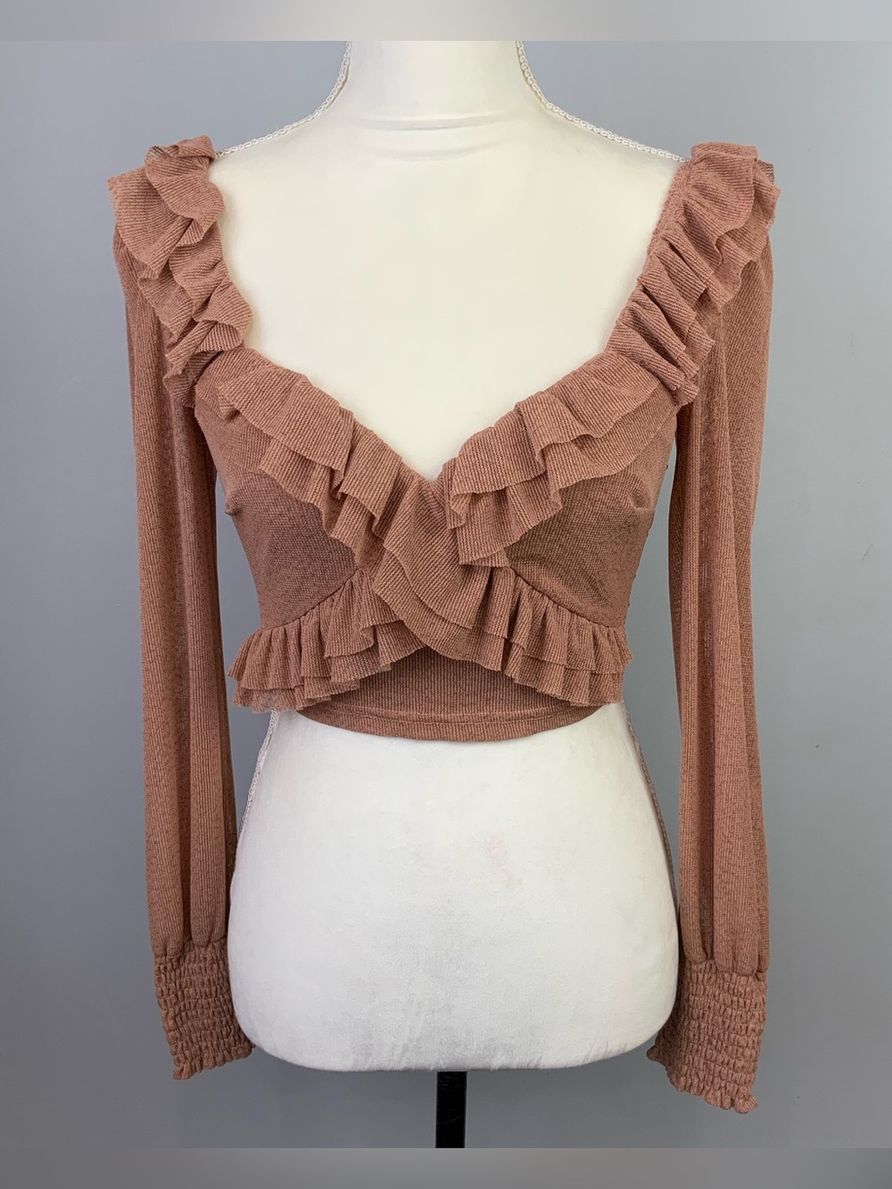 Windsor Sz Small Mauve Brown Sheer Mesh Ruffle Babydoll Crop Top Back Zip